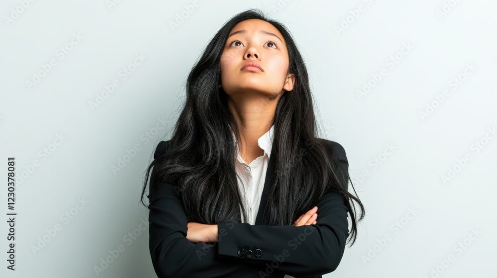 Young businesswoman looking upward with arms crossed Young businesswoman looking upward with arms crossed