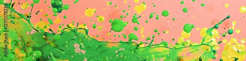Vibrant splashes of green, yellow, and pink on a solid coral background.