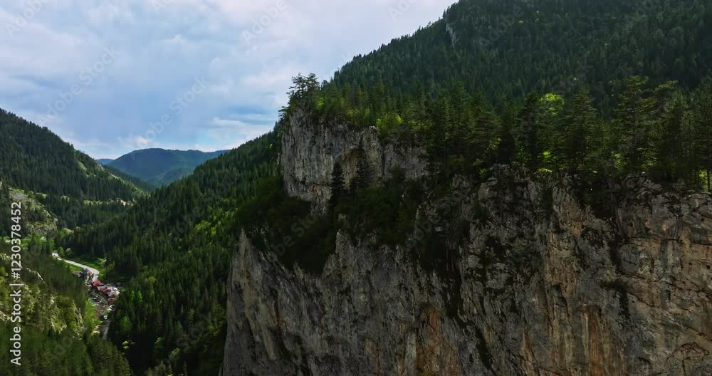 High Cliff Overlooking River Basin Mountain Crevice Forest Cloudy Summer Day Aerial Orbit High Cliff Overlooking River Basin Mountain Crevice Forest Cloudy Summer Day Aerial Orbit