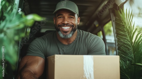 A happy delivery person poses inside a van filled with greenery and boxes, radiating positivity and showcasing a modern approach to delivery and customer service. photo