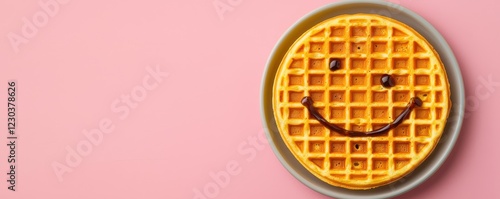 International waffle day with celebration and recipe idea. Smiling face waffle on a pastel pink background.
