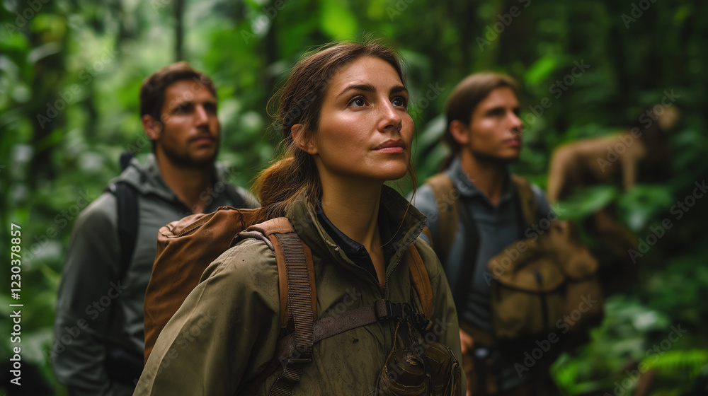 A group of three wildlife conservationists, two men and one woman, dressed in outdoor gear, standing in a lush green forest with blurred wild animals in the background. A group of three wildlife conservationists, two men and one woman, dressed in outdoor gear, standing in a lush green forest with blurred wild animals in the background.