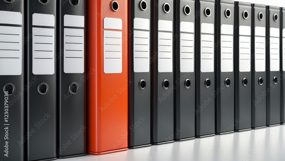 a row of black binders with white labels on them. The binders are arranged in a neat and orderly manner, with the topmost binders being orange and the bottommost being black. a row of black binders with white labels on them. The binders are arranged in a neat and orderly manner, with the topmost binders being orange and the bottommost being black.