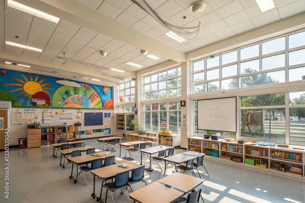 Panoramic View of Bright and Spacious School Interior Classroom Panoramic View of Bright and Spacious School Interior Classroom