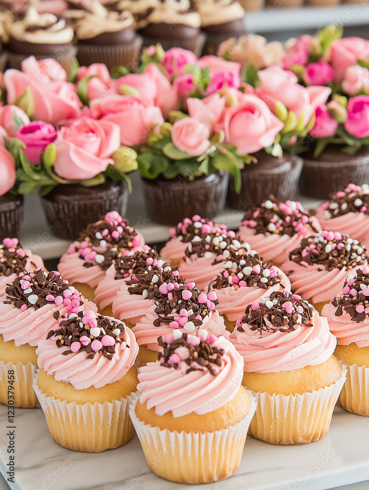 Sweet Delights: A tempting array of pink and chocolate cupcakes, adorned with delicate sprinkles and frosting, creating a delectable visual feast for any sweet tooth. Sweet Delights: A tempting array of pink and chocolate cupcakes, adorned with delicate sprinkles and frosting, creating a delectable visual feast for any sweet tooth.