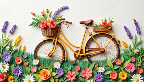 Colorful quilling art of bicycle with flowers in vibrant garden, creativity