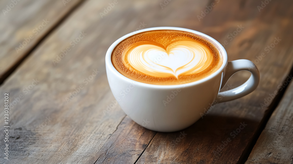 Close-up of a white coffee cup with heart-shaped latte art on a wood table. Close-up of a white coffee cup with heart-shaped latte art on a wood table.