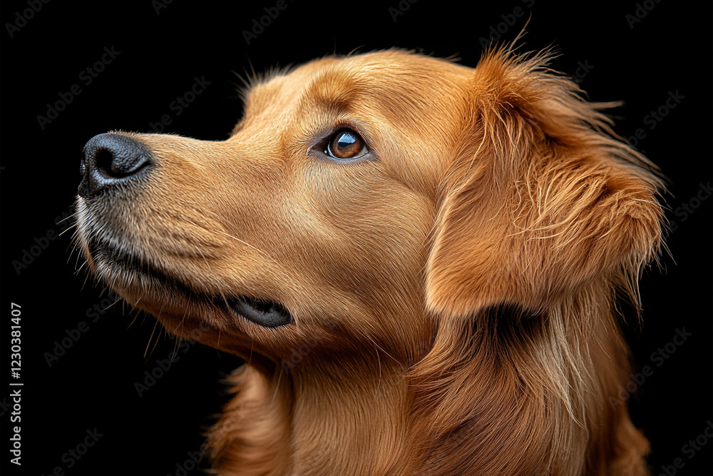Golden Retriever Dog Profile Portrait Against Black Background Golden Retriever Dog Profile Portrait Against Black Background