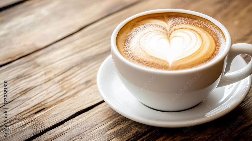 Close-up of a white coffee cup with heart-shaped latte art on a wood table. Close-up of a white coffee cup with heart-shaped latte art on a wood table.