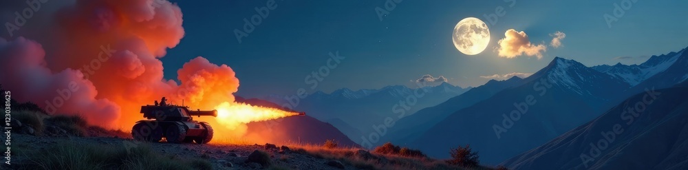 Fototapeta premium Firing artillery in the mountains with a full moon, smoke, sky