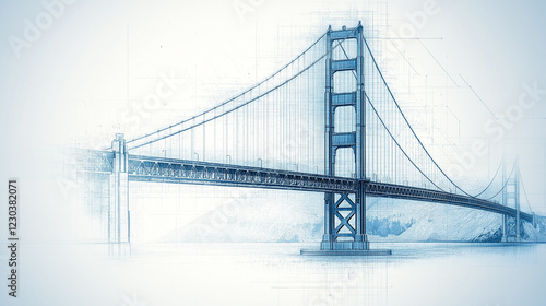 Blue Sketch of Suspension Bridge: An artistic sketch rendering of a majestic suspension bridge, depicted in shades of blue, evokes a sense of calm and grandeur.