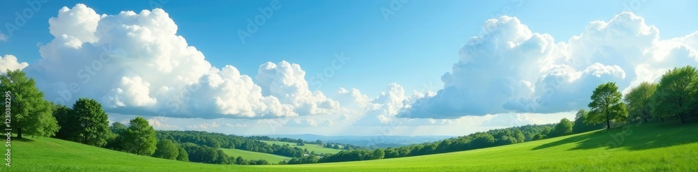 Fototapeta premium Fluffy white clouds gaze down at a serene landscape, trees, green, landscape