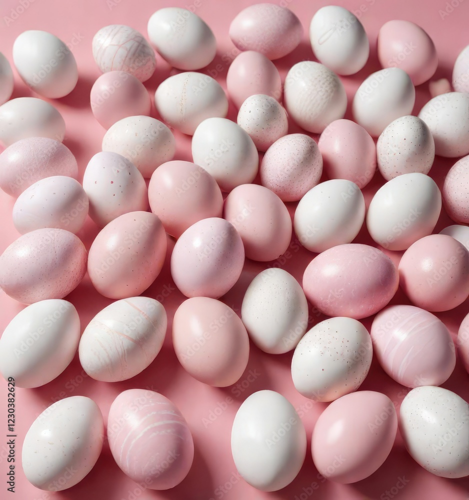 Rich texture of pink and white Easter eggs spread out in an artistic pattern on a soft pink backdrop, holiday decor, creative designs Rich texture of pink and white Easter eggs spread out in an artistic pattern on a soft pink backdrop, holiday decor, creative designs