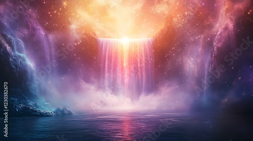 Wallpaper Mural A Mesmerizing Radiant Energy Portal Shaped Like a Starburst Hovering Above a Celestial Waterfall Surrounded by Ethereal Cosmic Elements Torontodigital.ca
