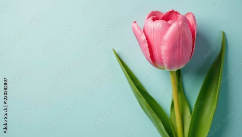 Fototapeta premium Freshly picked pink tulip stem with green leaves, leaves, pink tulips, plant