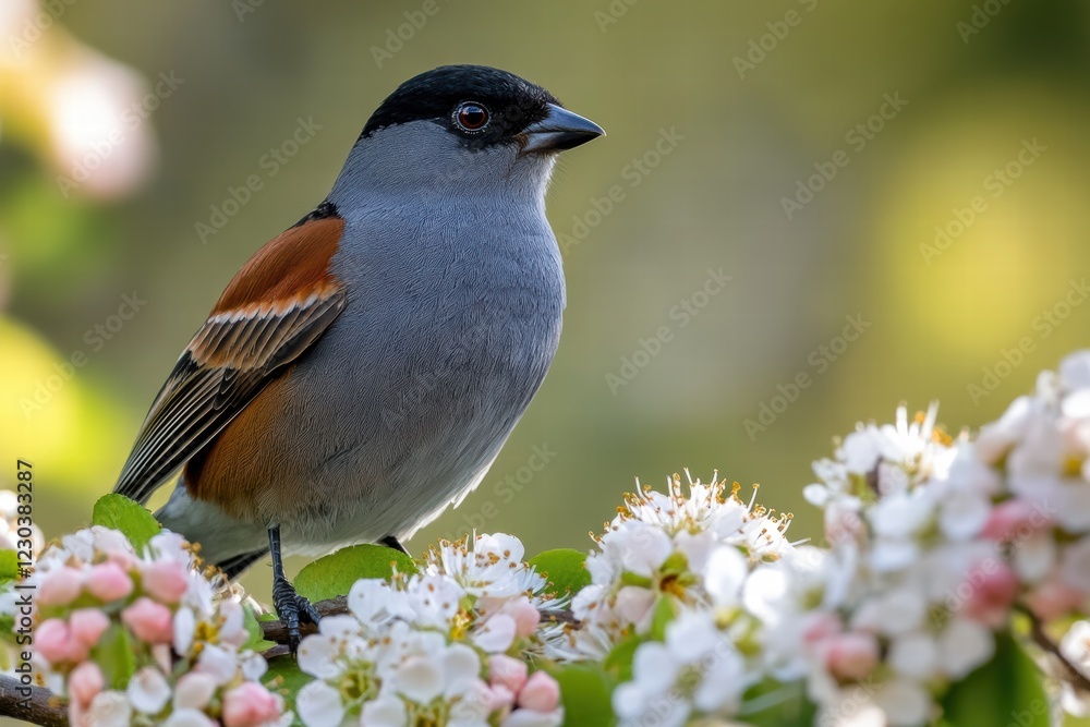 Close-up of a bird perched on a flowering branch during springtime Close-up of a bird perched on a flowering branch during springtime