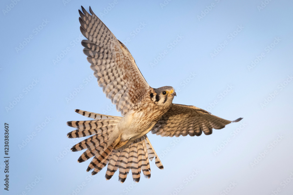 Wild American kestrel hunting in a field in Rocky Mountain Arsenal in Colorado.