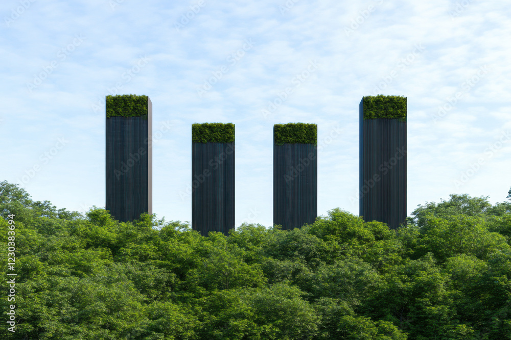 A row of four tall buildings with green roofs and trees in the background A row of four tall buildings with green roofs and trees in the background
