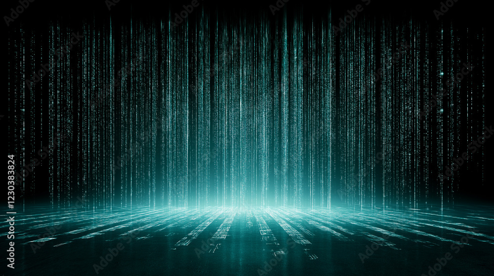Digital Rain Abstract: Teal digital rain cascading down a dark background creates an abstract, futuristic, and technological scene, perfect for digital art, technology, or science fiction projects. Digital Rain Abstract: Teal digital rain cascading down a dark background creates an abstract, futuristic, and technological scene, perfect for digital art, technology, or science fiction projects.