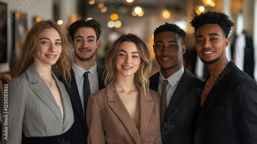 A group of five personal stylists, three women and two men, dressed in trendy fashion, standing in a boutique with blurred clothing racks and mirrors in the background photo