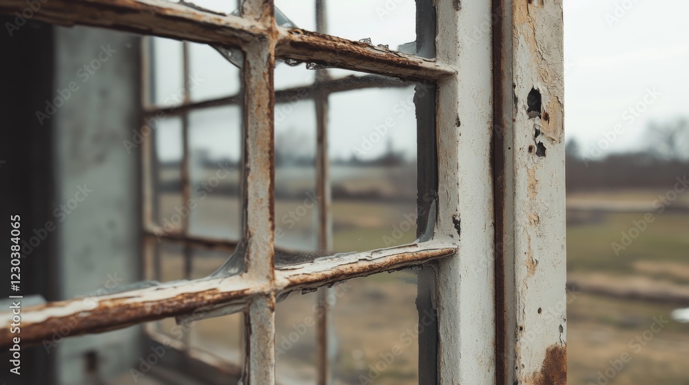 Rusty window frame with cracked glass panes showing blurred rural landscape. Rusty window frame with cracked glass panes showing blurred rural landscape.
