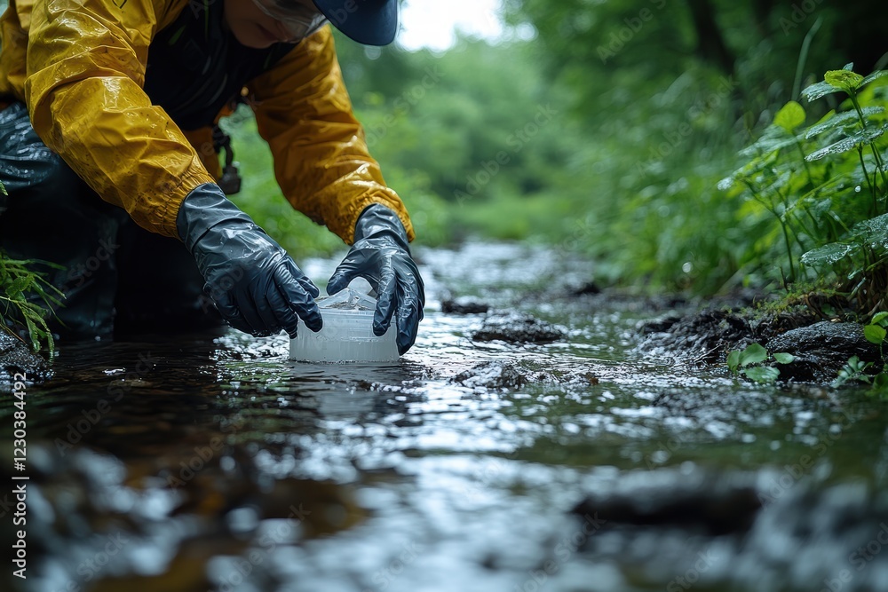 Researcher collects water samples from a stream during environmental study in lush surroundings Researcher collects water samples from a stream during environmental study in lush surroundings