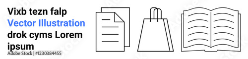 Documents, shopping bag, and open book icons with placeholder text. Ideal for office, retail, education themes, digital marketing, website design user interface infographic creations. Landing page