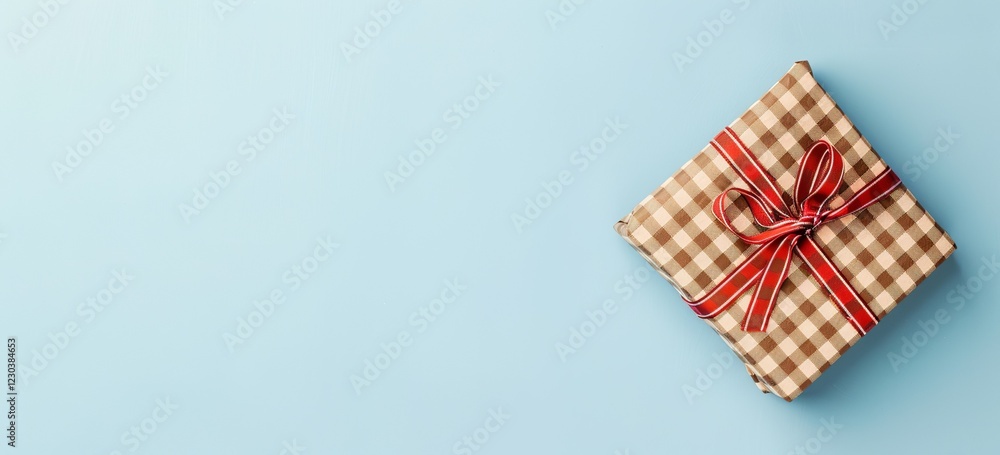 Small checkered Christmas gift with red ribbon on light blue background Small checkered Christmas gift with red ribbon on light blue background