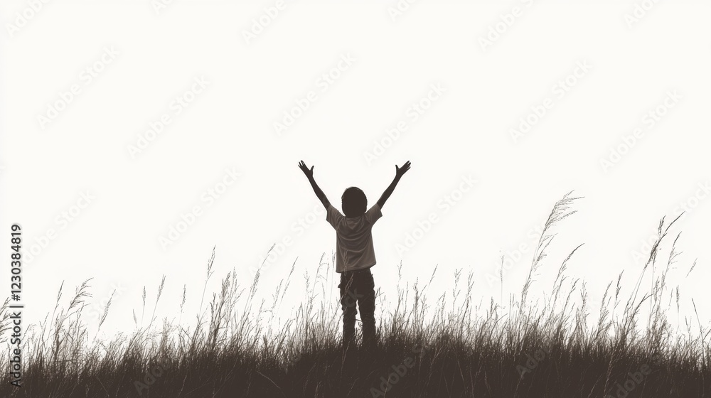Silhouette of child with arms raised in tall grass. Silhouette of child with arms raised in tall grass.