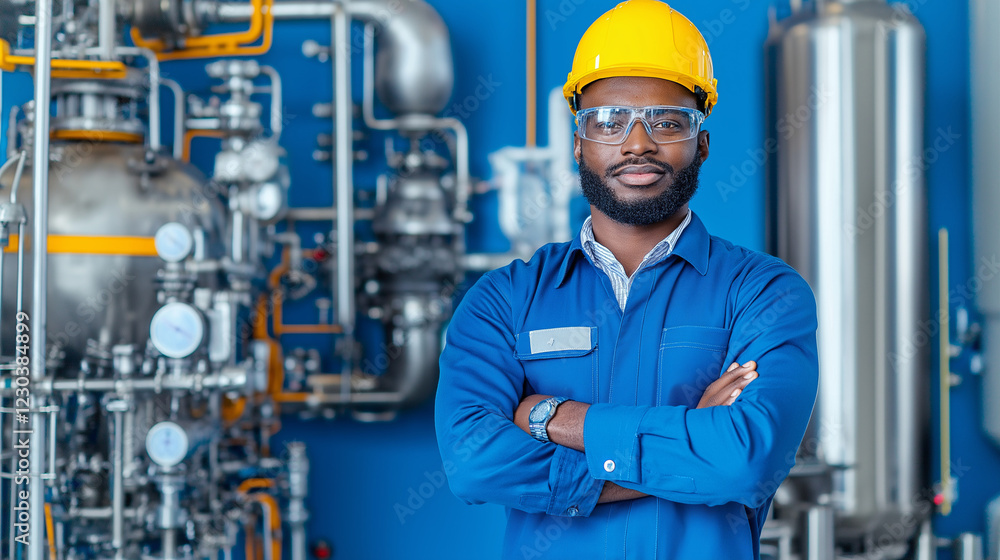 Confident Industrial Worker: A portrait of a skilled and confident industrial worker, standing with arms crossed in front of a complex machinery backdrop, emphasizing professionalism, competence. Confident Industrial Worker: A portrait of a skilled and confident industrial worker, standing with arms crossed in front of a complex machinery backdrop, emphasizing professionalism, competence.