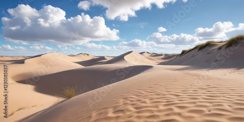 Sandy dunes stretching towards a bright blue sky with fluffy white clouds , sunny day, vast open space