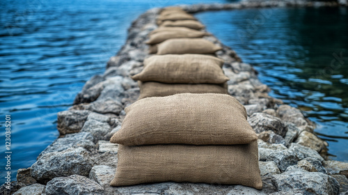 Sandbags lined along a riverbank representing flood resilience and water mitigation efforts in a modern, minimalistic scene with bright tones and empty caption space

 photo