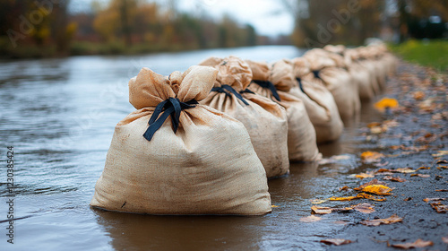 Sandbags lined along a riverbank representing flood resilience and water mitigation efforts in a modern, minimalistic scene with bright tones and empty caption space

 photo