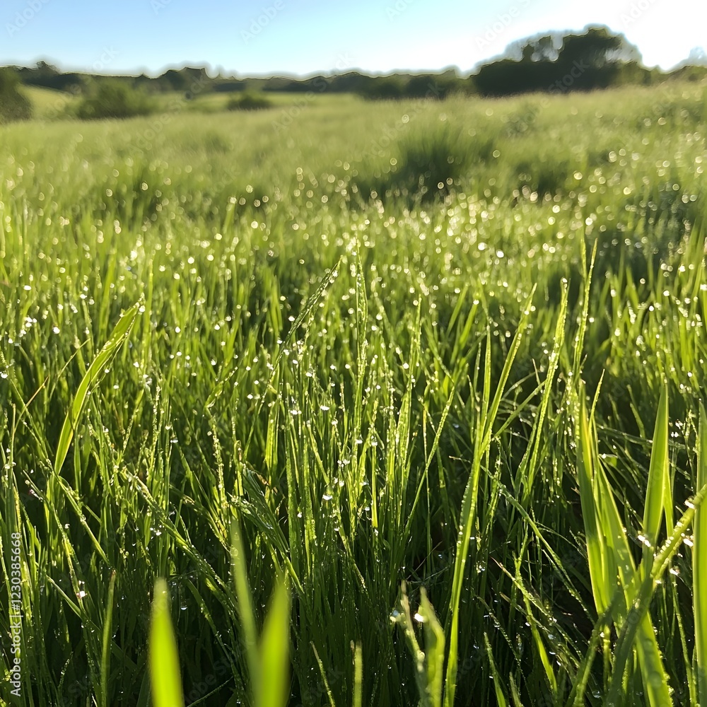 Obraz premium Bright green grass with dew drops glistening in sunlight.