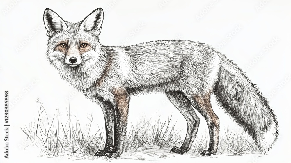Fototapeta premium Charming Illustration of a Fox Gracefully Standing Amidst Lush Green Grass in a Serene Natural Setting Evoking a Sense of Peace and Connection with Wildlife and the Great Outdoors