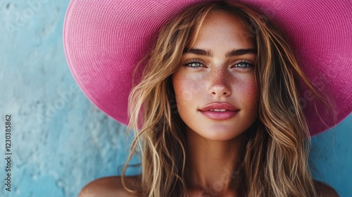 A captivating portrait of a young woman wearing a vibrant pink hat, highlighting her beautiful facial features and striking blue eyes, set against a textured blue background. photo