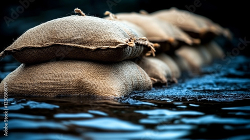 Sandbags lined along a riverbank representing flood resilience and water mitigation efforts in a modern, minimalistic scene with bright tones and empty caption space

 photo