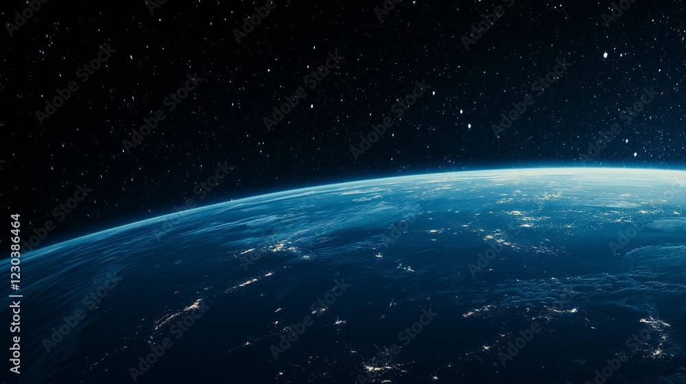 Obraz premium Earthrise: A breathtaking view of Earth from space, showcasing the planet's stunning curvature against the backdrop of a star-studded cosmos.