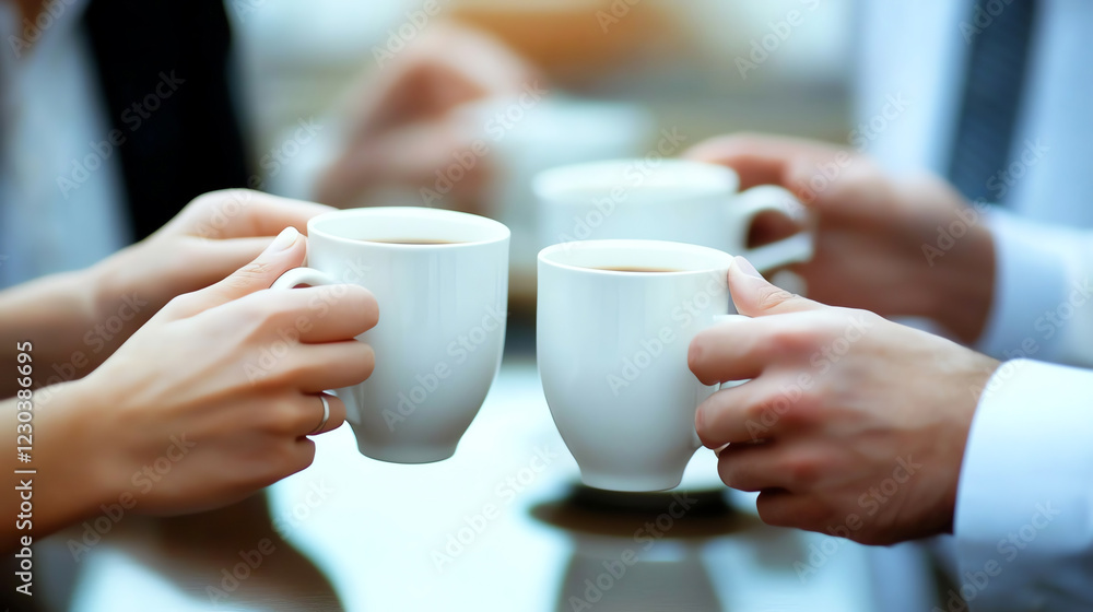 Group of professionals clinking coffee mugs in a morning meeting Group of professionals clinking coffee mugs in a morning meeting