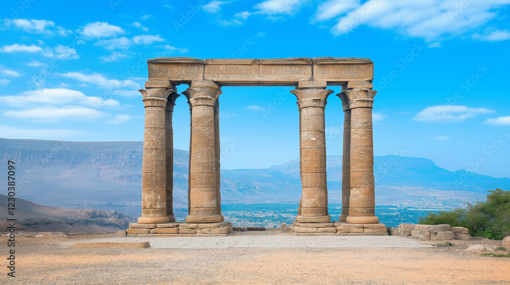 Fototapeta premium Ancient Ruins Archway: A majestic stone archway, supported by four weathered columns, stands proudly against a vibrant blue sky and a backdrop of distant mountains.
