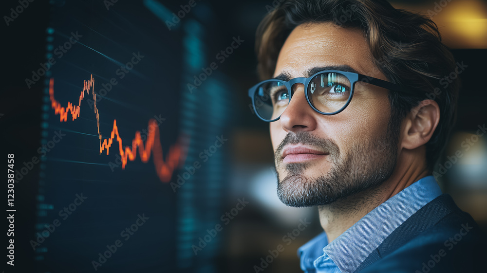 The Strategic Eye: A focused businessman in sharp attire and glasses gazes thoughtfully at a rising graph, representing the pursuit of growth and opportunity. The Strategic Eye: A focused businessman in sharp attire and glasses gazes thoughtfully at a rising graph, representing the pursuit of growth and opportunity.