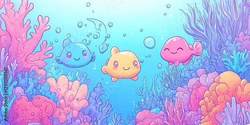 Cute cartoon fish swim among vibrant coral reefs photo