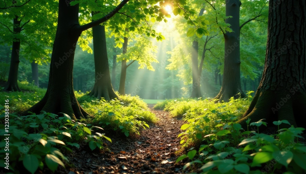Naklejka premium Sunlight casts dappled shadows on the forest floor, forest floor, branch, sunlight