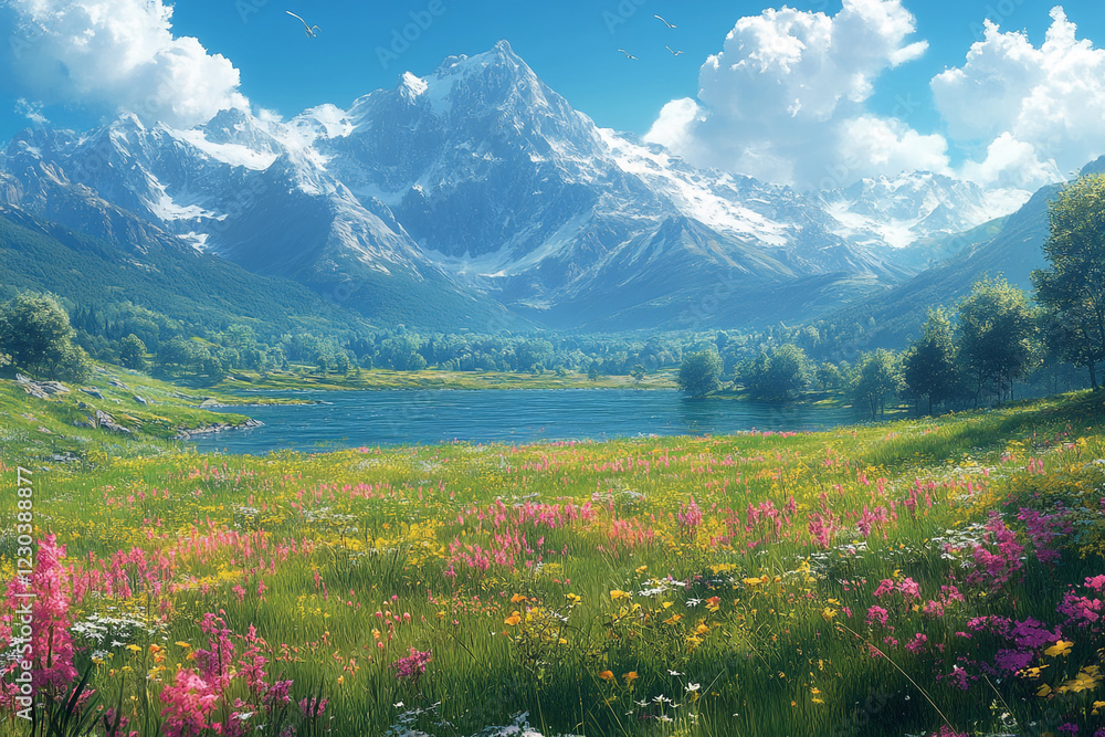Fototapeta premium Serene Mountain Lake and Wildflower Meadow Scene