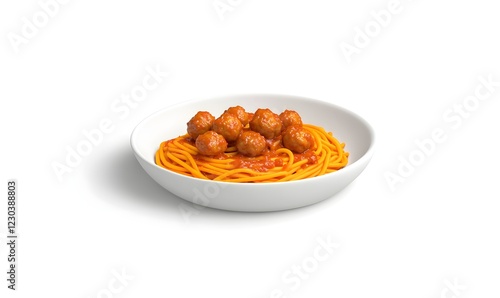 Spaghetti meatballs, tomato sauce, white bowl, studio shot, food photography photo