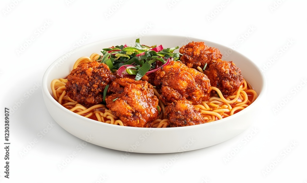 Spicy chicken pasta dish, restaurant meal, studio shot, white background, food photography Spicy chicken pasta dish, restaurant meal, studio shot, white background, food photography