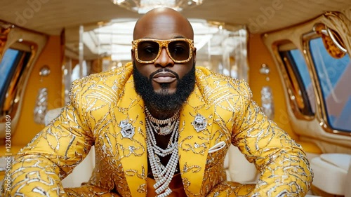 Fashionable individual in vibrant yellow suit poses confidently in luxurious setting with plush interiors