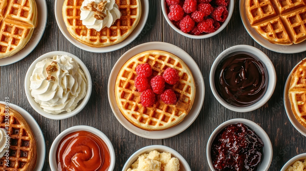 International waffle day with celebration and recipe idea. Delicious waffles with various toppings arranged beautifully. International waffle day with celebration and recipe idea. Delicious waffles with various toppings arranged beautifully.