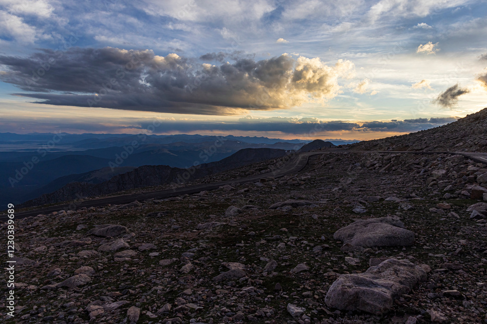 Beautiful landscape view of the top of Mount Blue Sky in Colorado at sunset.