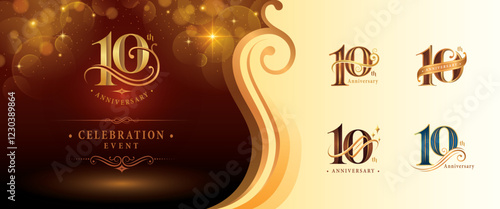 Set of 10th Anniversary logotype design, Ten years Anniversary Logo, Elegant Classic Logo, Luxury Vintage and retro Serif Number 10, Celebrating Anniversary Logo for Congratulation event, invitation